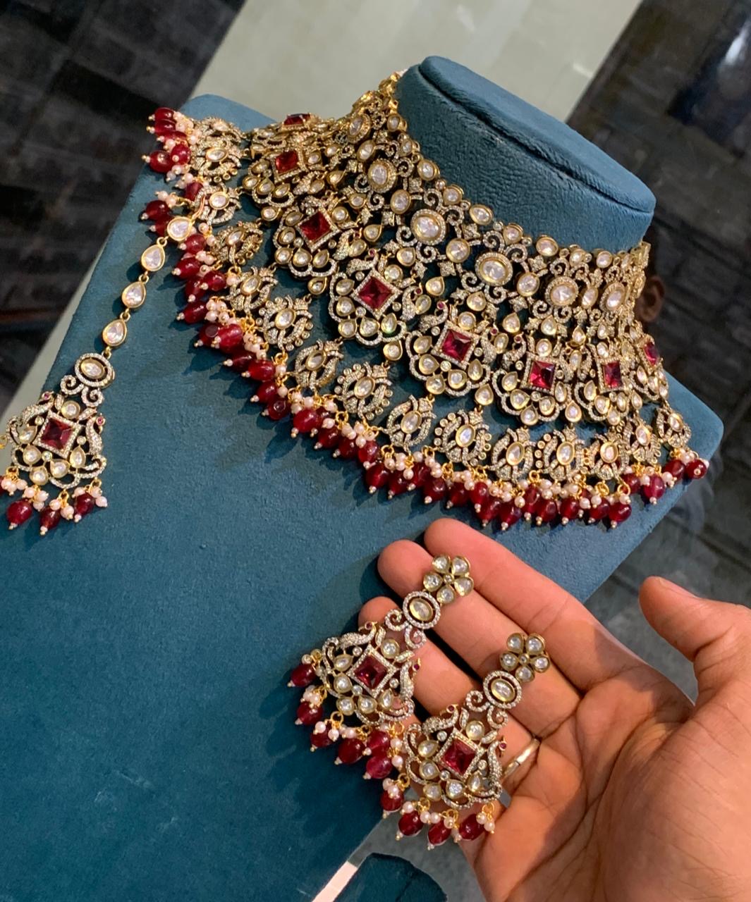Unique Bridal Victorian Choker Necklace with Earrings and Tikka