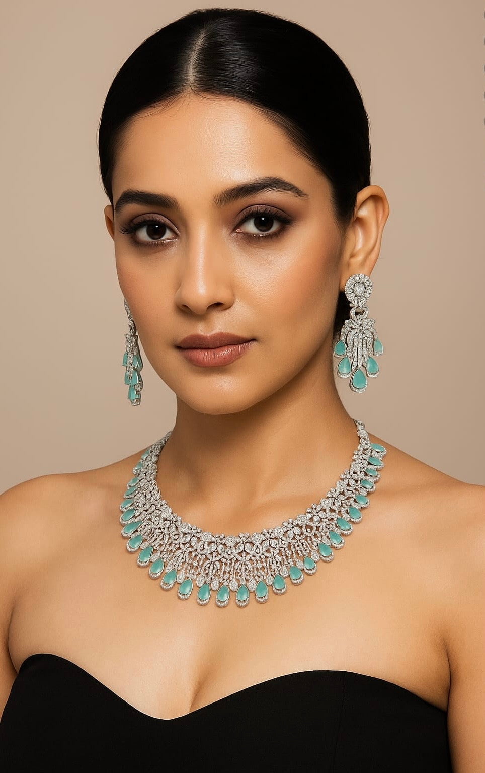 Amazing Two Layered CZ Stone Premium Silver Finish Necklace Set With Earrings - Mint, Blue, Pink, Green, DarkPink