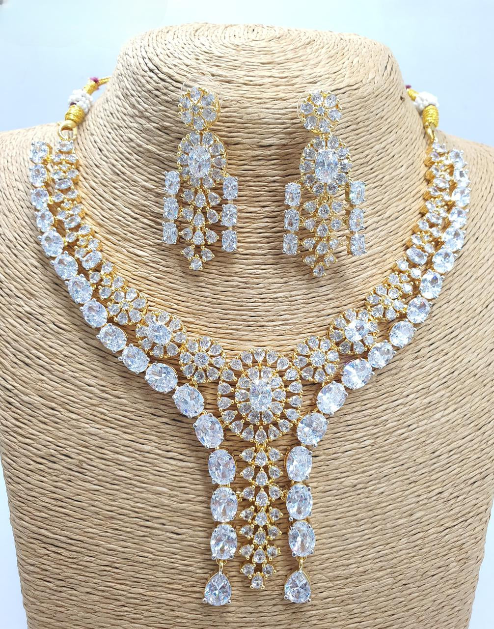 Amazing Two Layered CZ Stone Premium Gold / RoseGold Finish Necklace Set With Earrings - White
