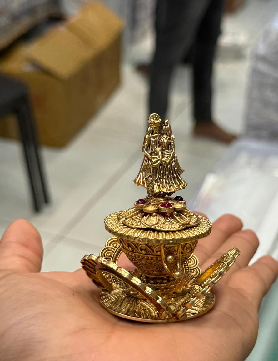 Antique Gold-Finish Radha Krishna Kumkum Box for You loved ones - Return Gifts-Red- 1 pc