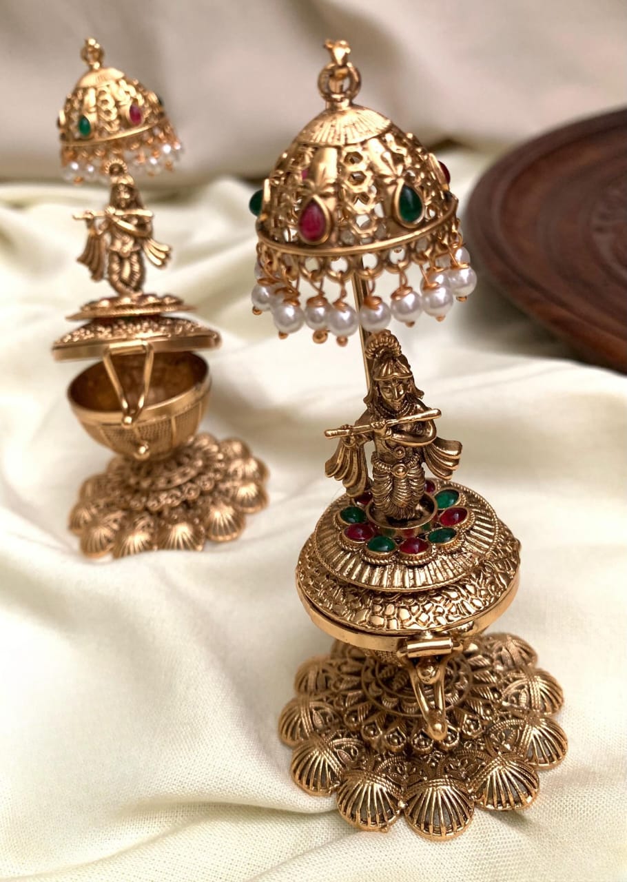 Antique Gold Krishna Kumkum Holder with Jhumka Umbrella Motif - Return Gifts - 1pc