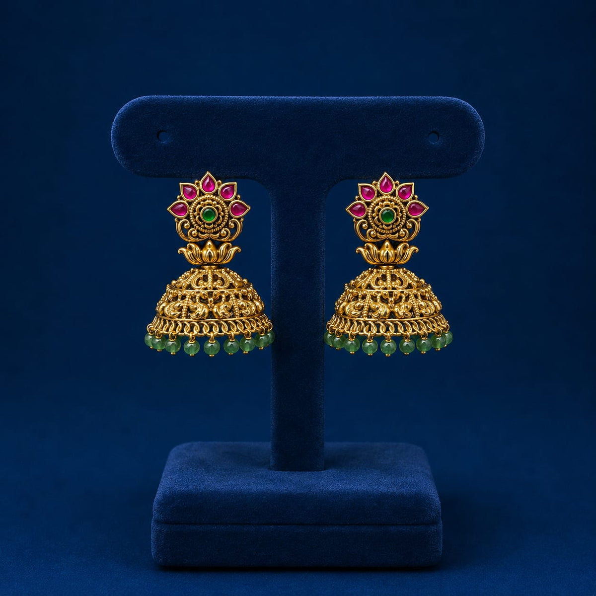 Antique Matte Premium Lotus Temple Jhumka Earrings With Green Beads