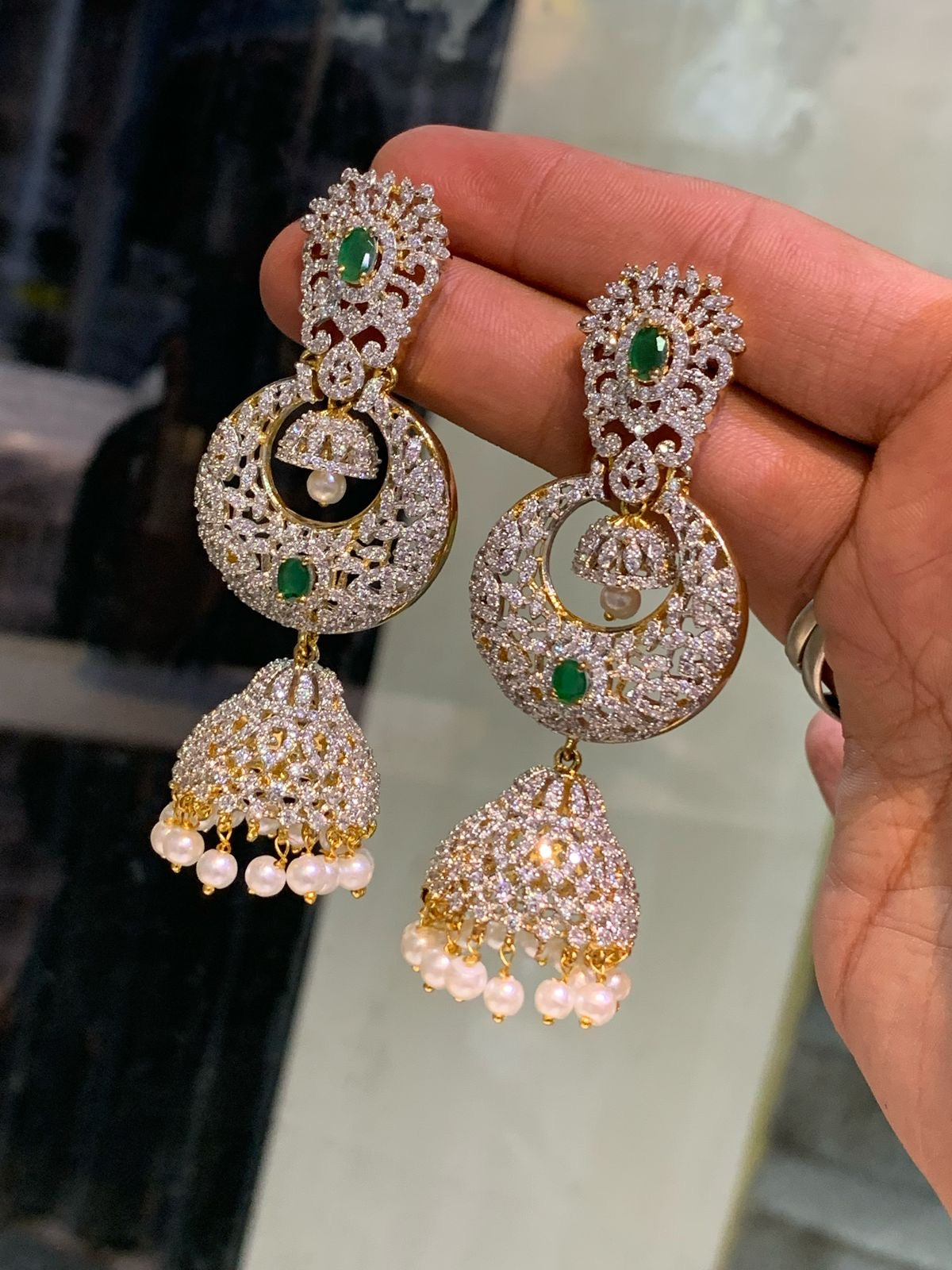 Super-cute Classy Cz stone Premium GJ polish Chandbali Jhumkas