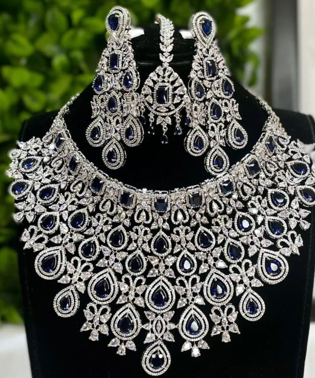 Unique CZ Stone Bridal Choker Necklace with Earrings and Tikka -Silver