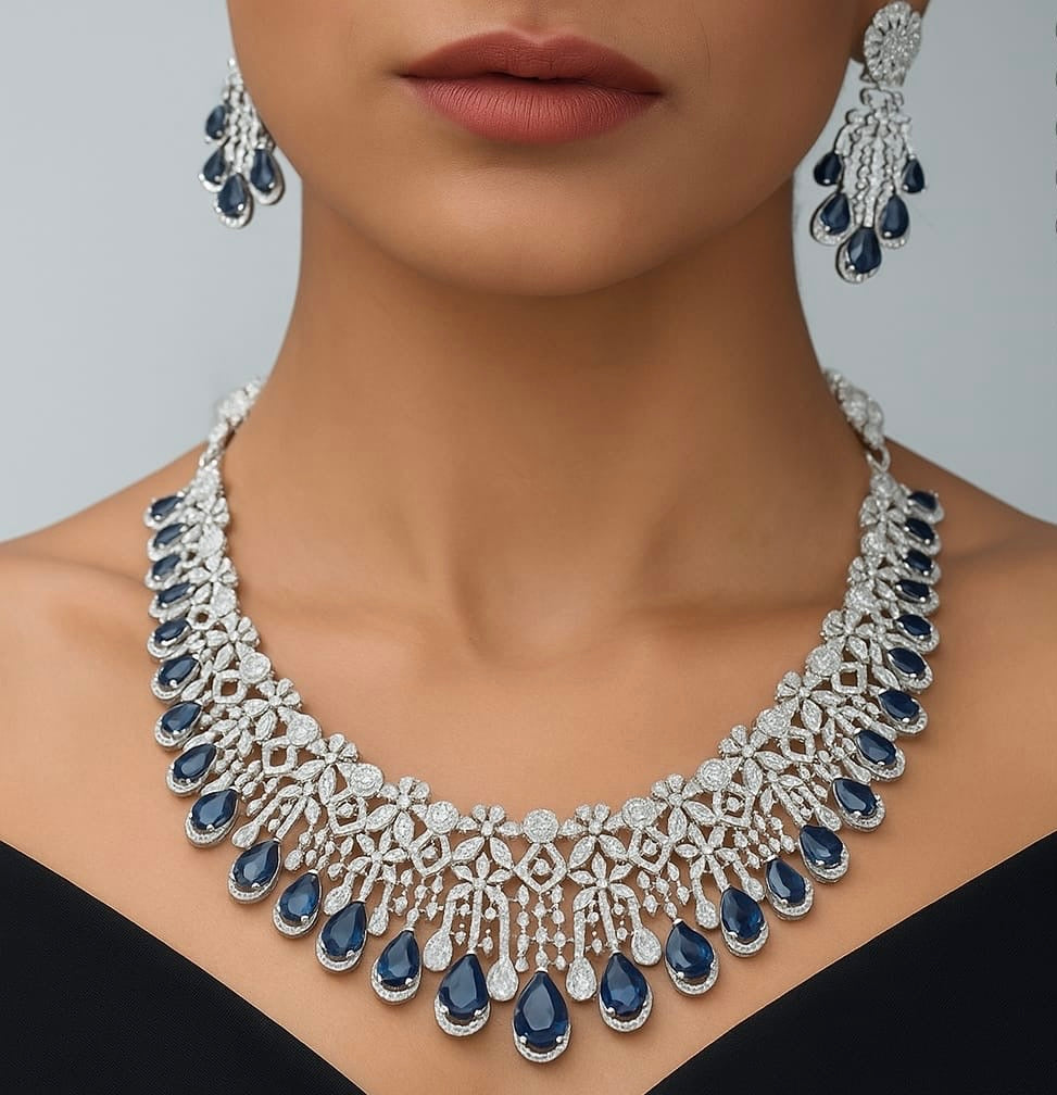 Amazing Two Layered CZ Stone Premium Silver Finish Necklace Set With Earrings - Mint, Blue, Pink, Green, DarkPink