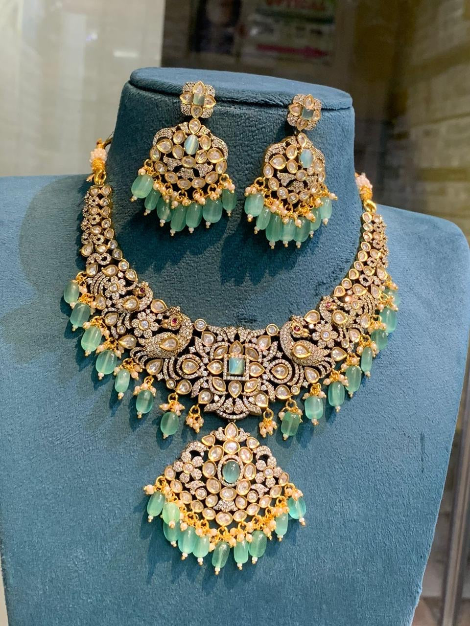 Bridal Victorian Opulence: Elegant Cz Stone Peacock Necklace with Earrings