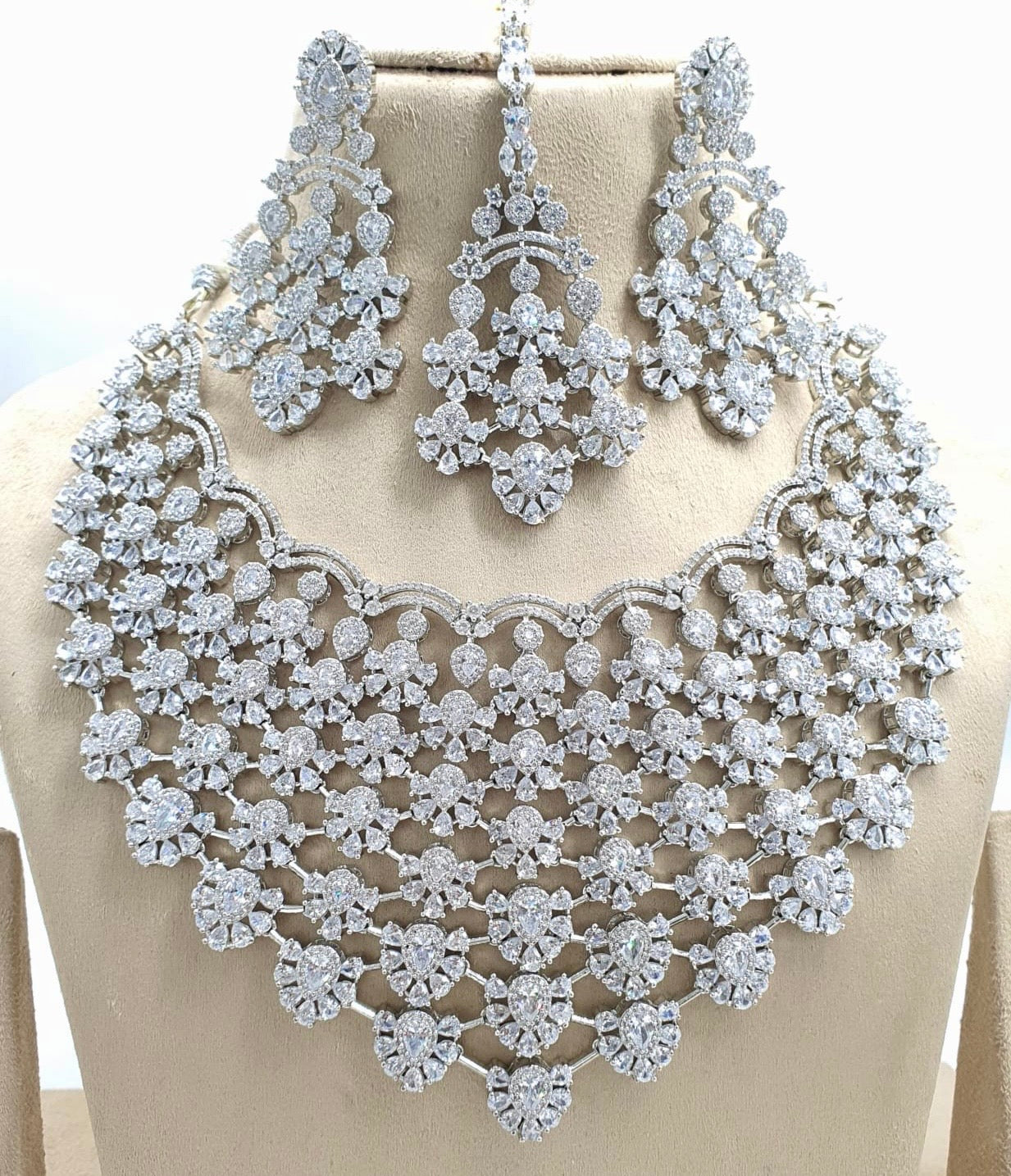 Premium Quality CZ Stone Bridal Necklace Set With Earrings - Dual Tone
