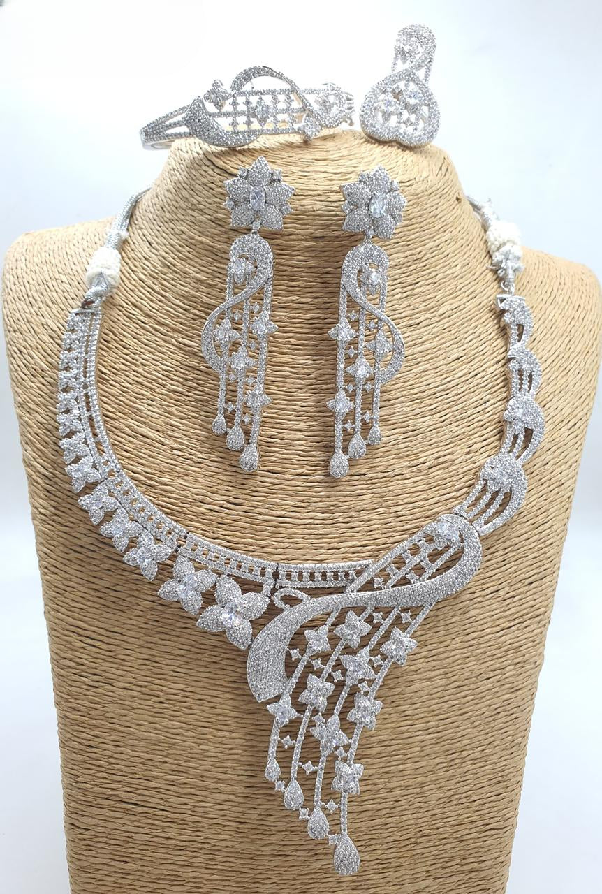 Beautiful AD Silver Necklace Set with Earrings,Bracelet and Ring