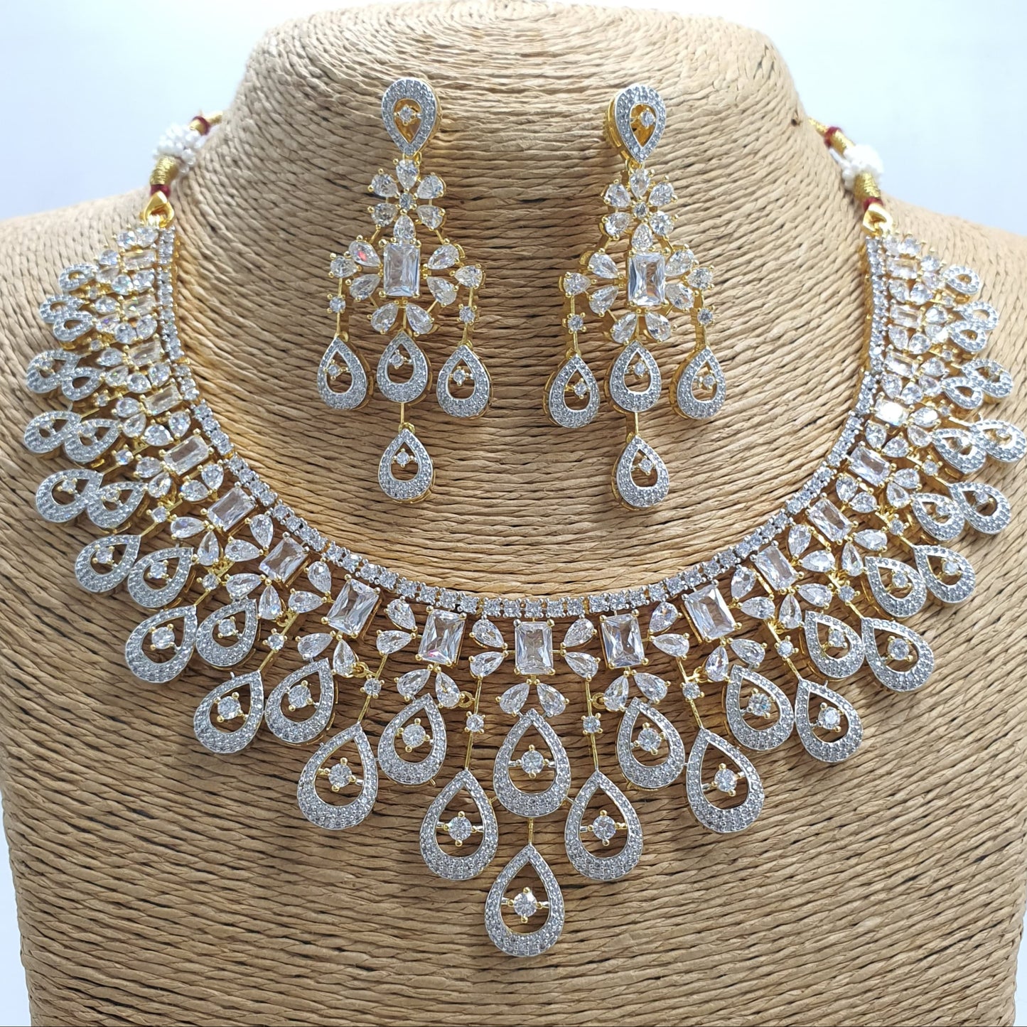 Beautiful American Diamond Stone Choker Necklace Set With Earrings - Gold Finish