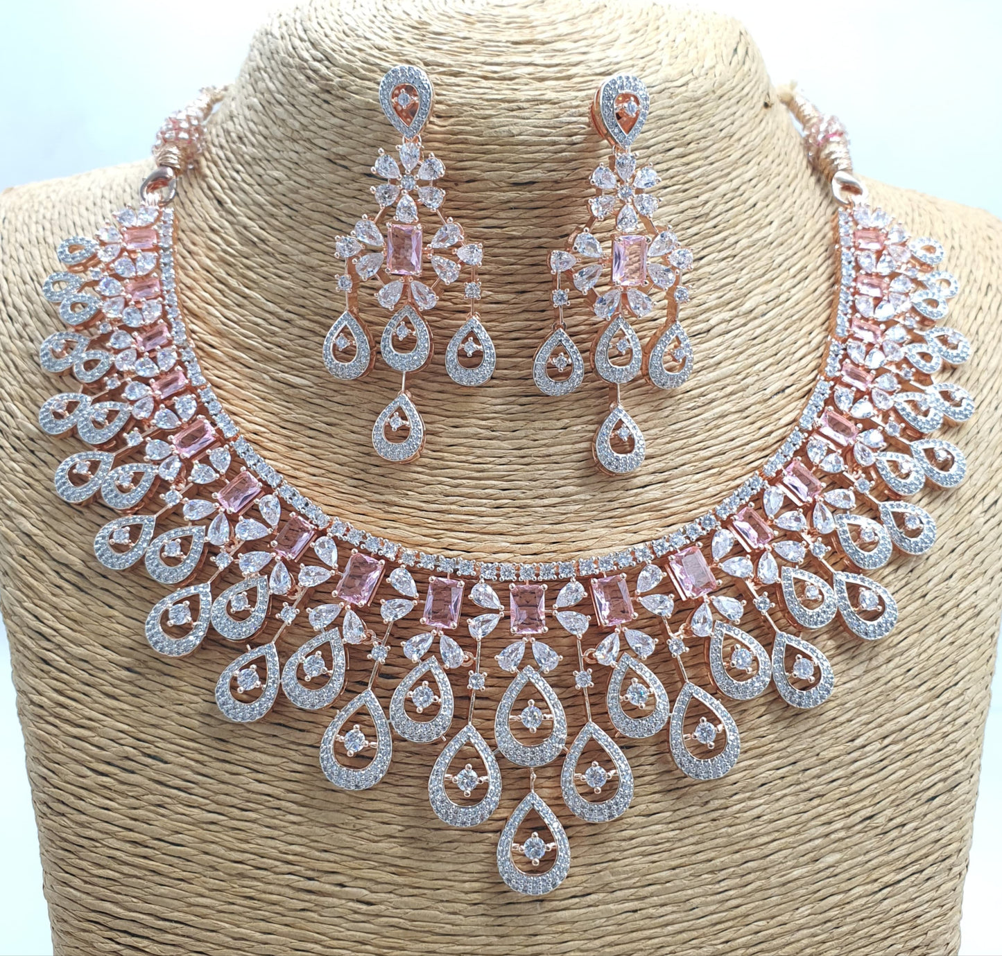 Beautiful American Diamond Stone Choker Necklace Set With Earrings - Rose Gold Polish