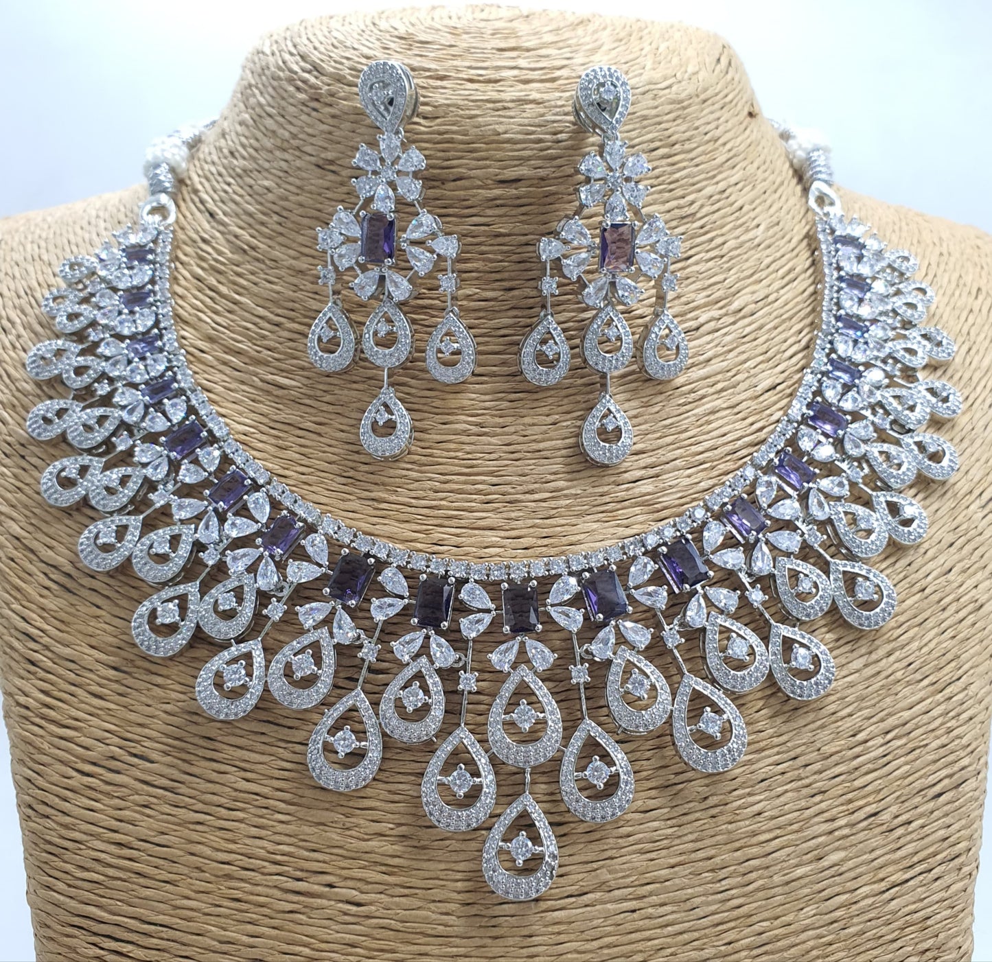 Beautiful American Diamond Stone Choker Necklace Set With Earrings - Silver Finish