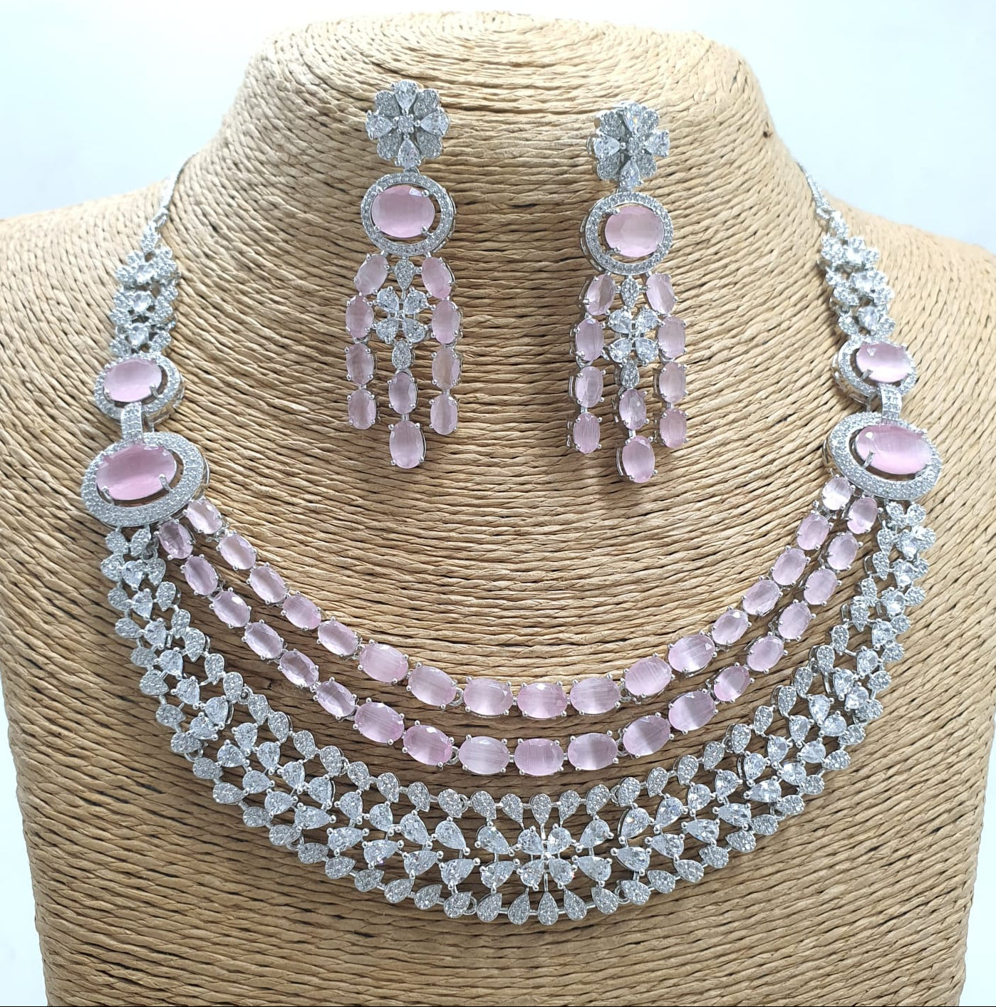 Beautiful Bridal AD Stone Layer Necklace Set With Stud Earrings - Silver Finish