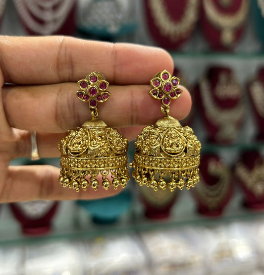 Beautiful Bridal Antique Finish Jhumka Earrings-Lakshmi Motif