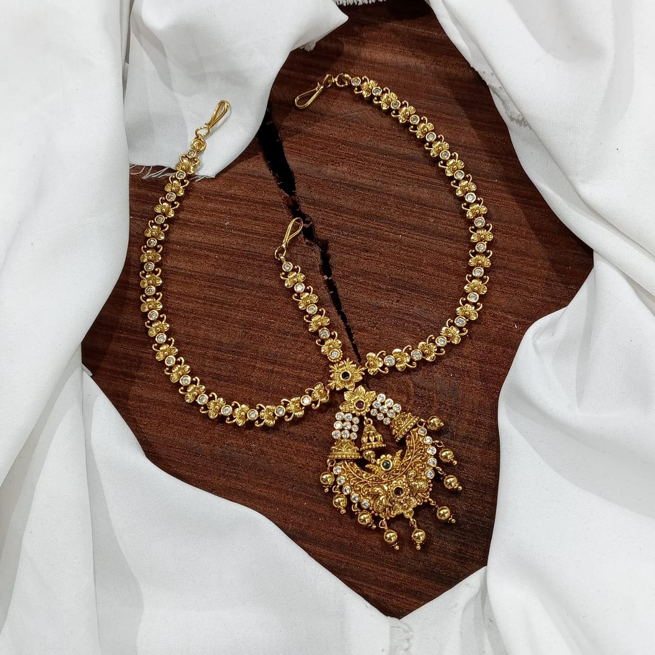 Beautiful Bridal Matte Stone Mathpati Tikkas - Gold Beads