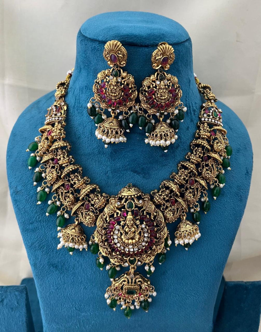 Beautiful Matte Finish Temple Beaded Necklace Set With Earrings