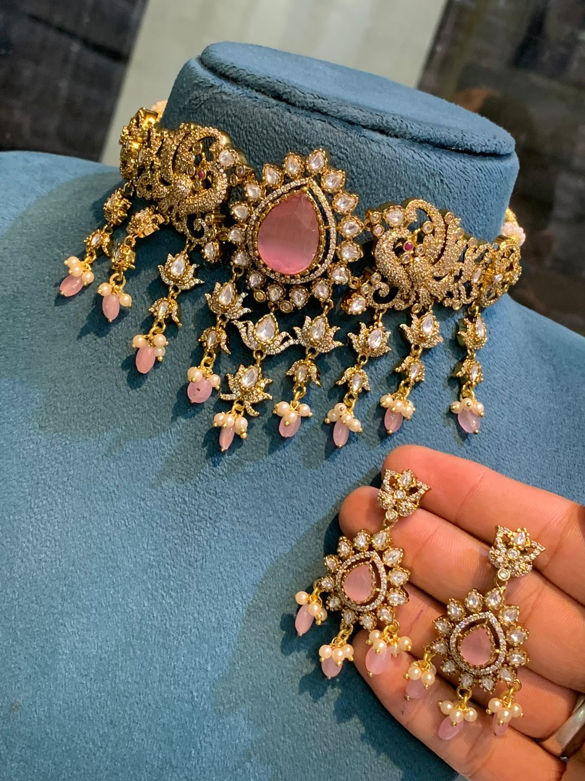 Beautiful Matte Antique Premium Mini Choker Necklace Set With Earrings