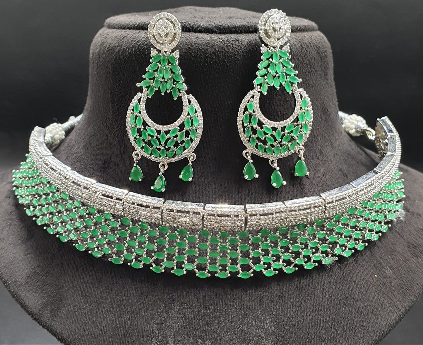 Beautiful Premium American Diamond Necklace Set with Earrings - Silver Polish