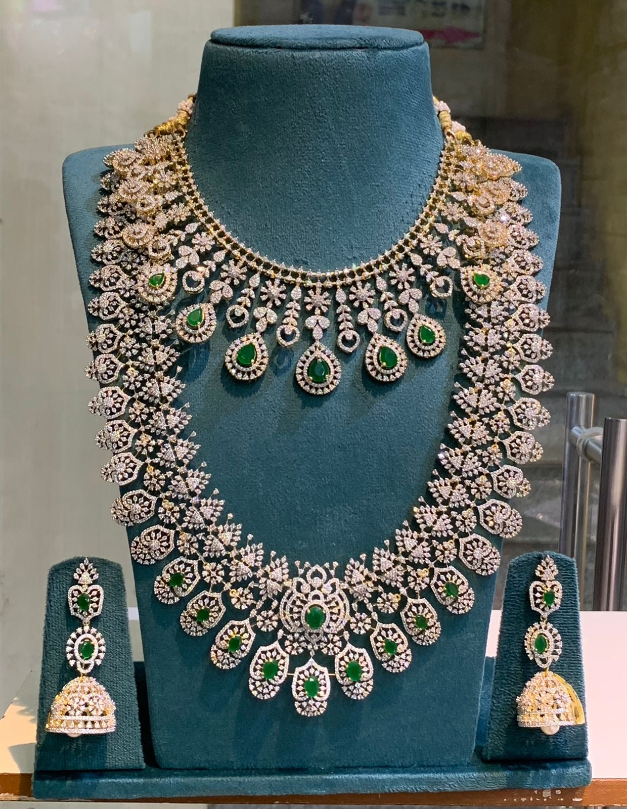 Beautiful Premium Quality GJ Polish CZ stone Bridal Set Haram Necklace Set with Earrings -Pink
