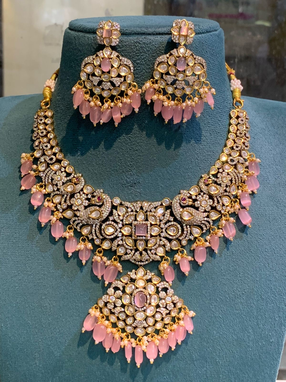 Bridal Victorian Opulence: Peacock Cz Stone Necklace With Earrings