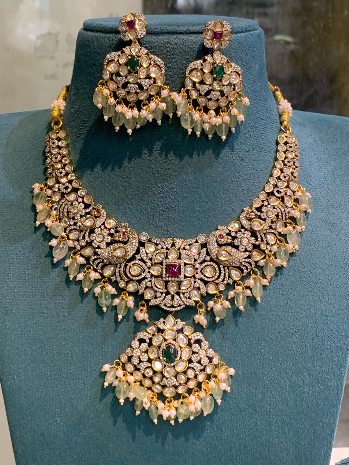Bridal Victorian Opulence: Peacock Cz Stone Necklace With Earrings