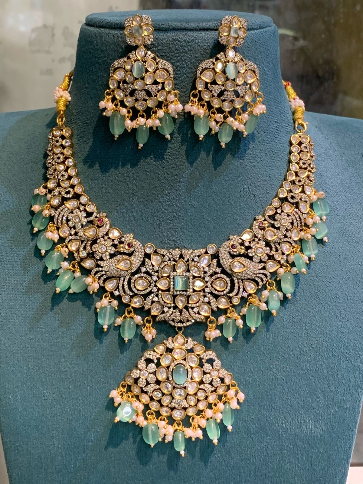 Bridal Victorian Opulence: Peacock Cz Stone Necklace With Earrings
