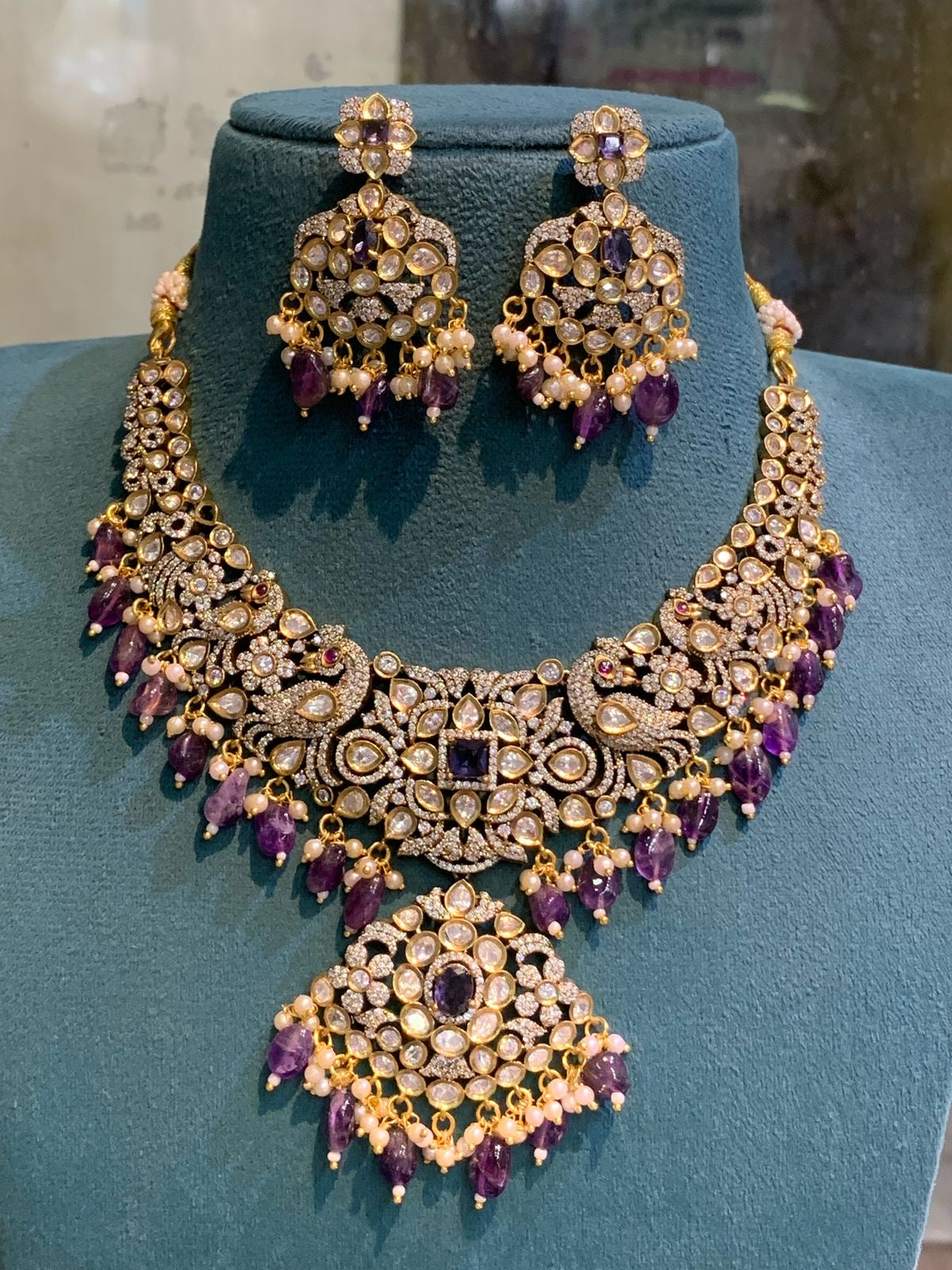 Bridal Victorian Opulence: Peacock Cz Stone Necklace With Earrings
