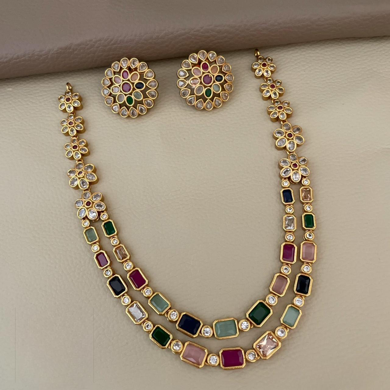 Cute 2Line Matte Finish Multicolor Necklace with Studs