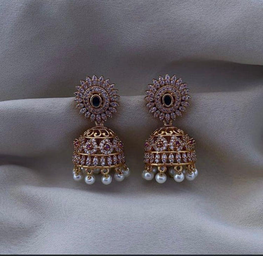 Premium Matte finish American Diamond Stone Jhumkas - Earrings