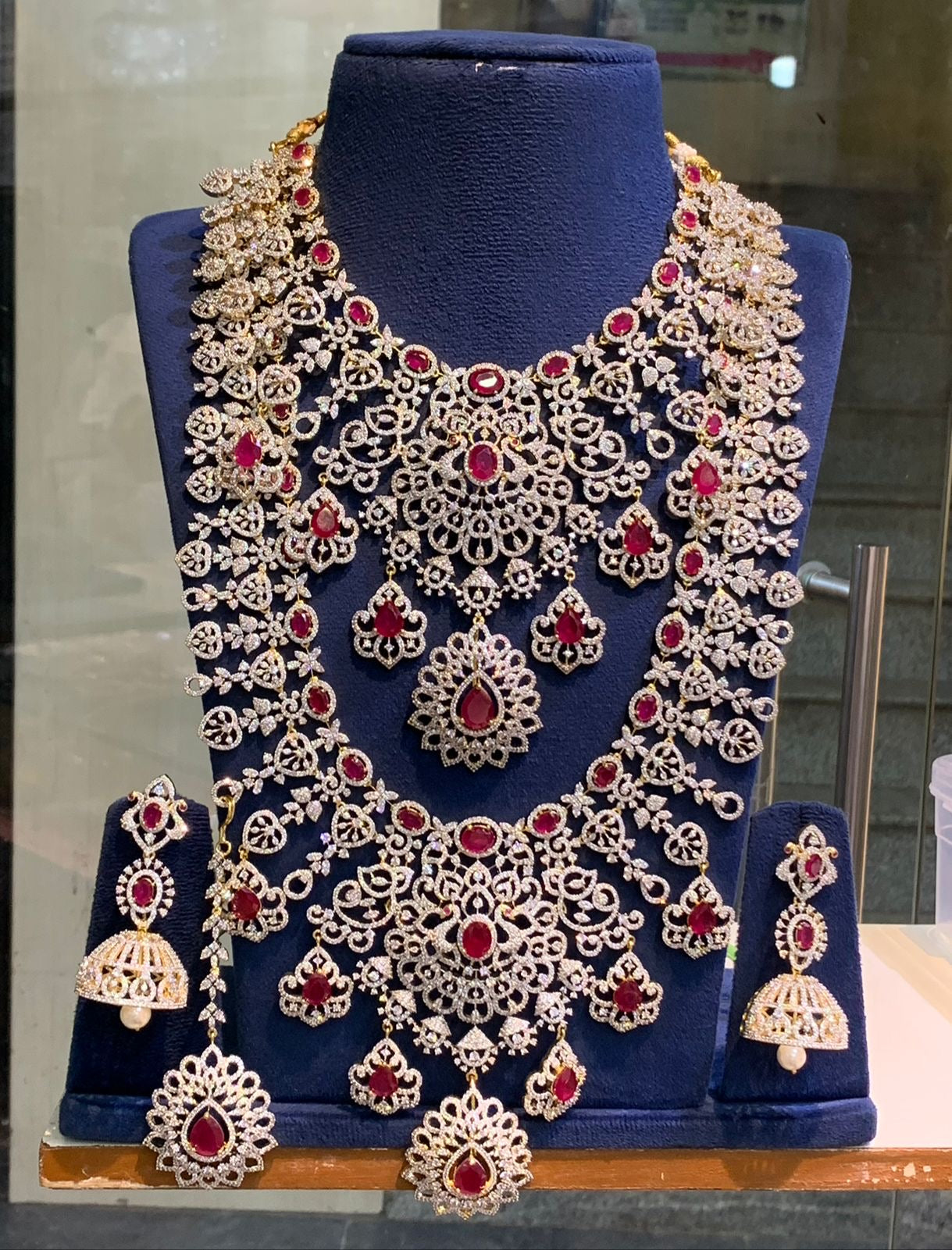 Grand Bridal CZ Stone Necklace Set with Earrings and Tikka -Premium GJ Polish