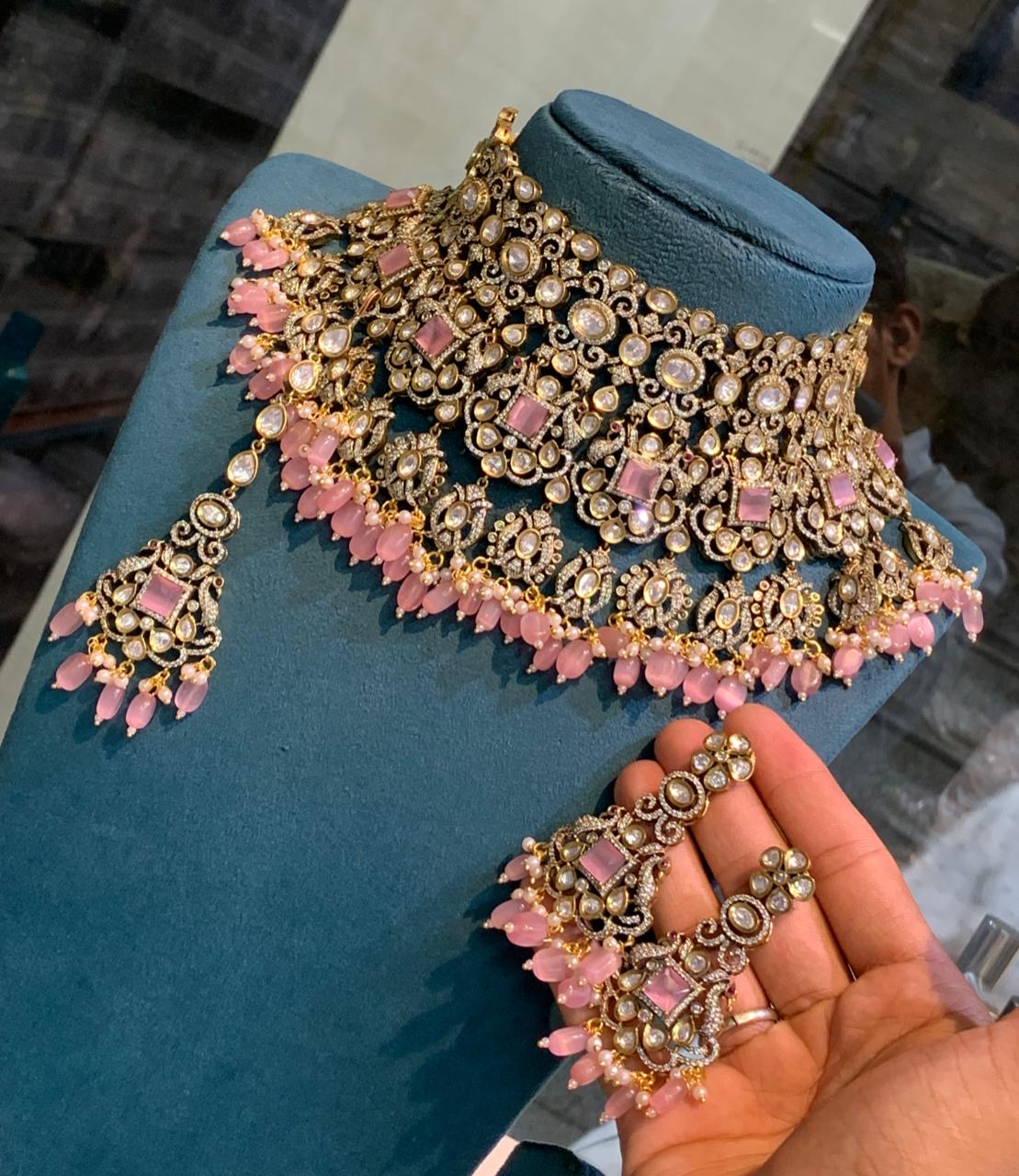 Unique Bridal Victorian Choker Necklace with Earrings and Tikka