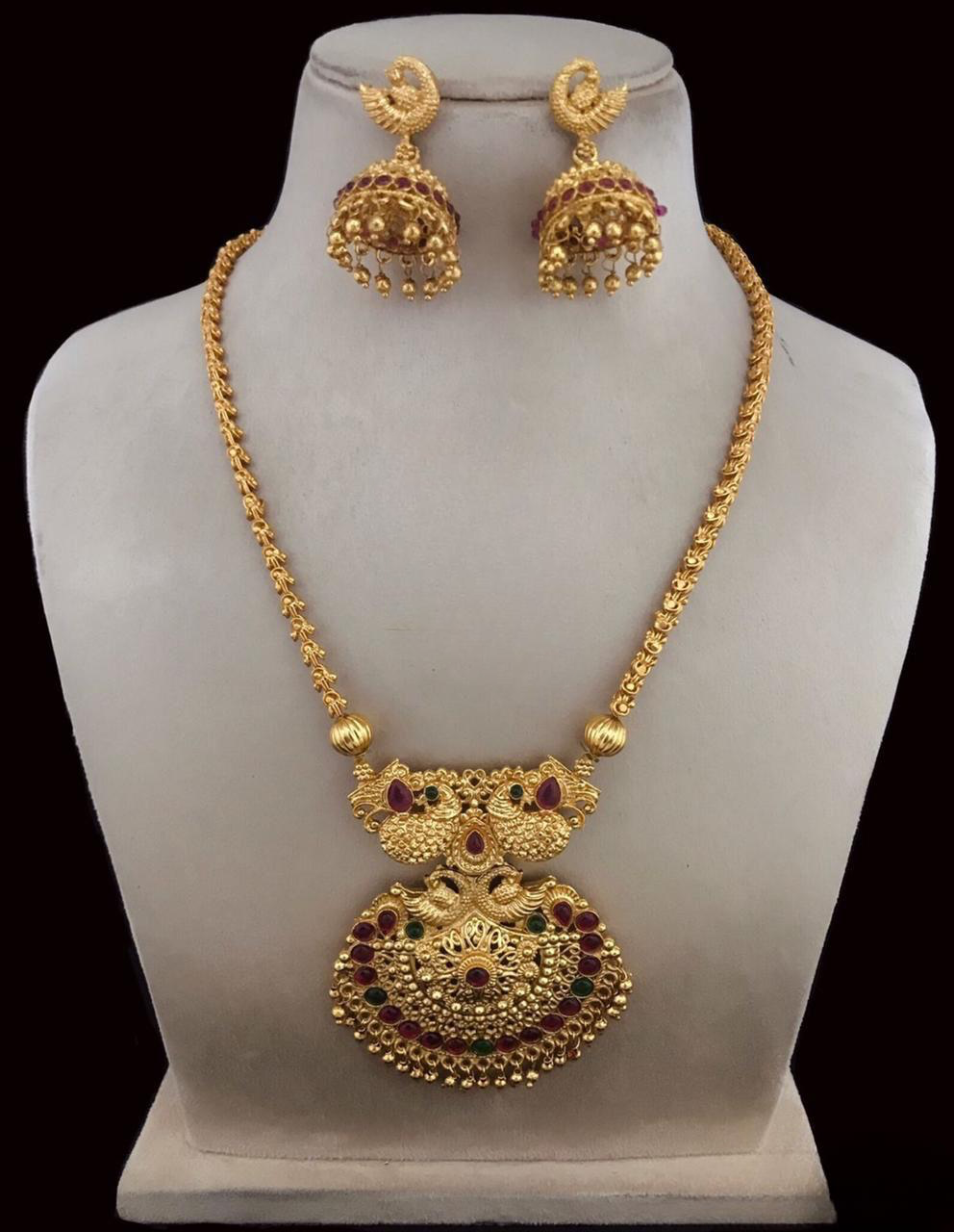 All New Matte Finish Peacock Motif Chain Necklace Set with Earrings