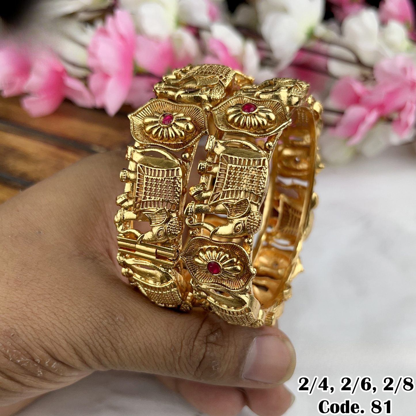 Premium Designer Wear Kemp Matte Finish Broad Bangles, Elephant Party Wear-2 pcs