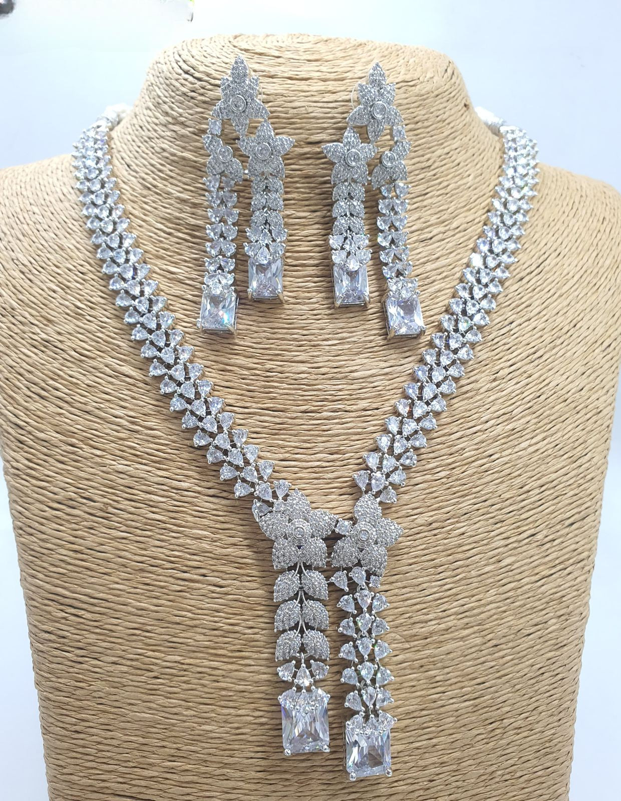 Classy AD Stone Silver Necklace Set With Stud Earrings