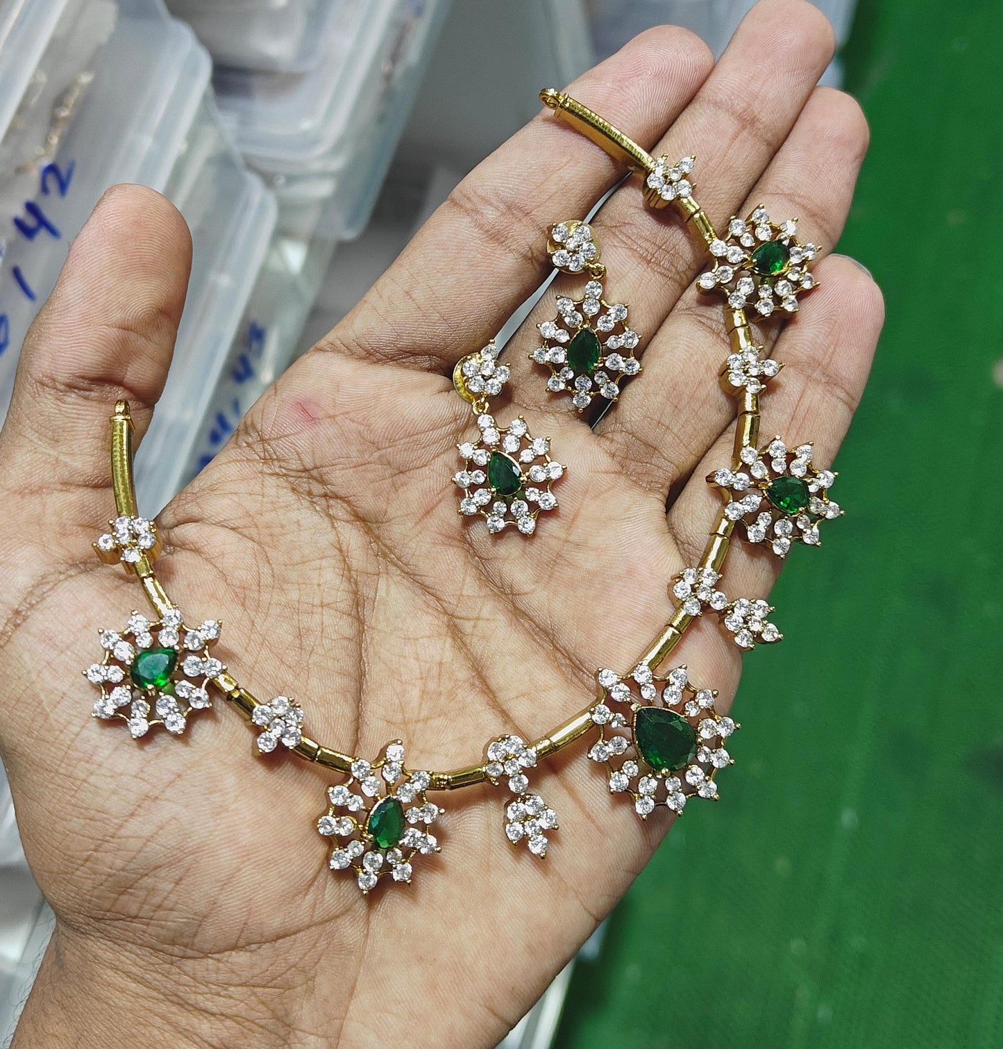 Beautiful American Diamond Necklace Set with Earrings-Green-Premium Finish