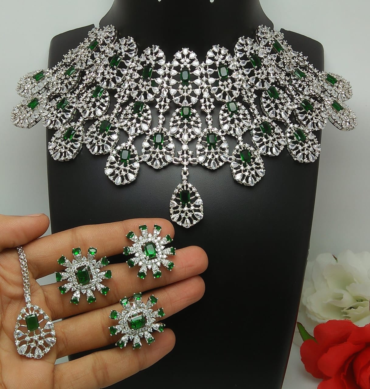 Beautiful Bridal American Diamond Choker Necklace Set with Stud Earrings, Tikka and Ring