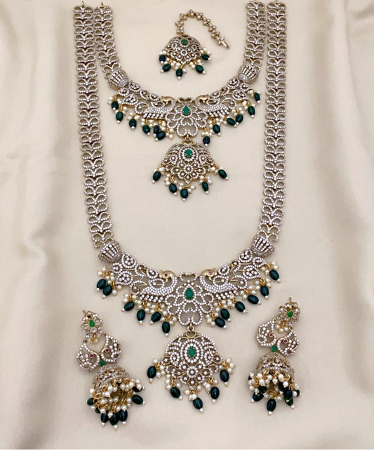 Elegant Victorian CZ Stone Bridal Set With Jhumkas Earrings And Tikka