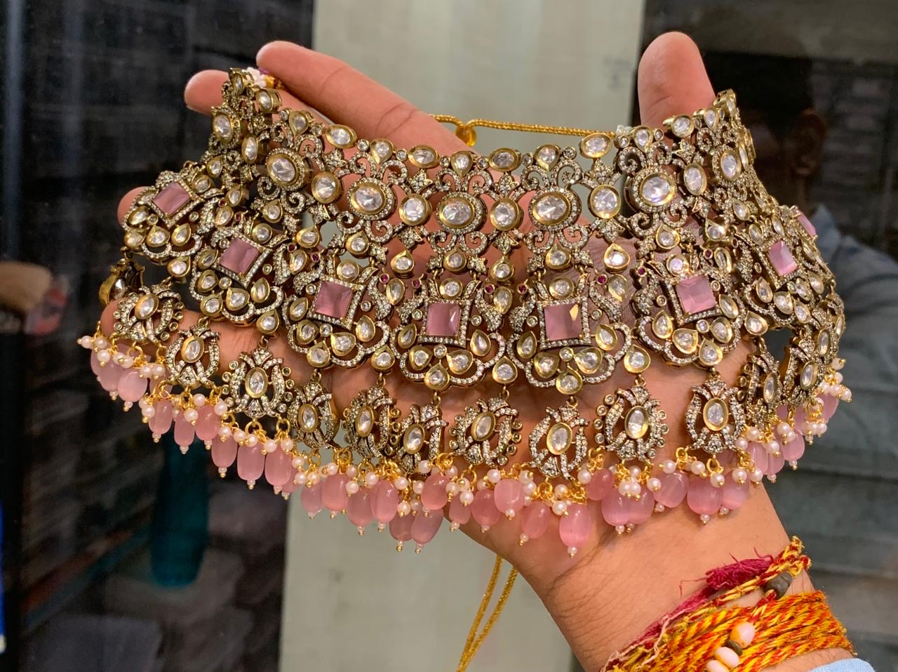 Unique Bridal Victorian Choker Necklace with Earrings and Tikka