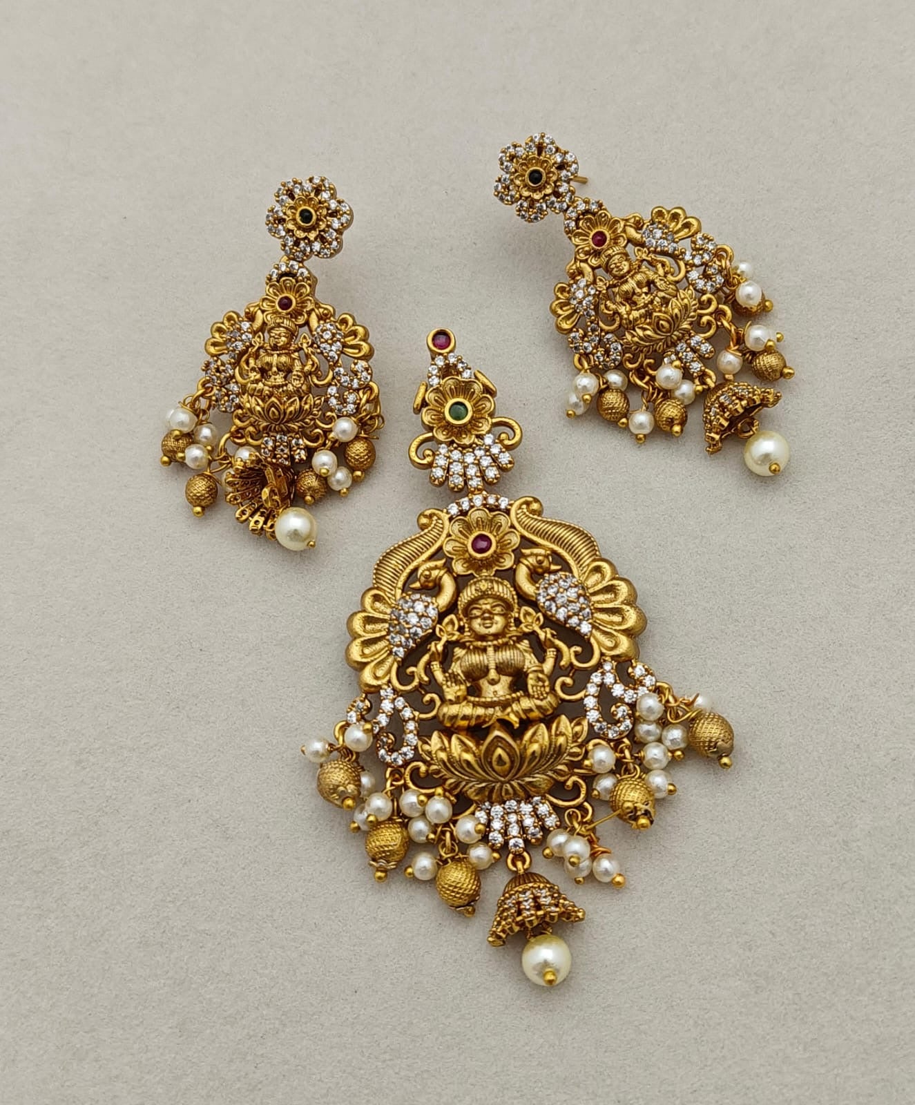 Premium Matte Finish Lakshmi Pendant Necklace Set with Kanti -Temple Jewelry