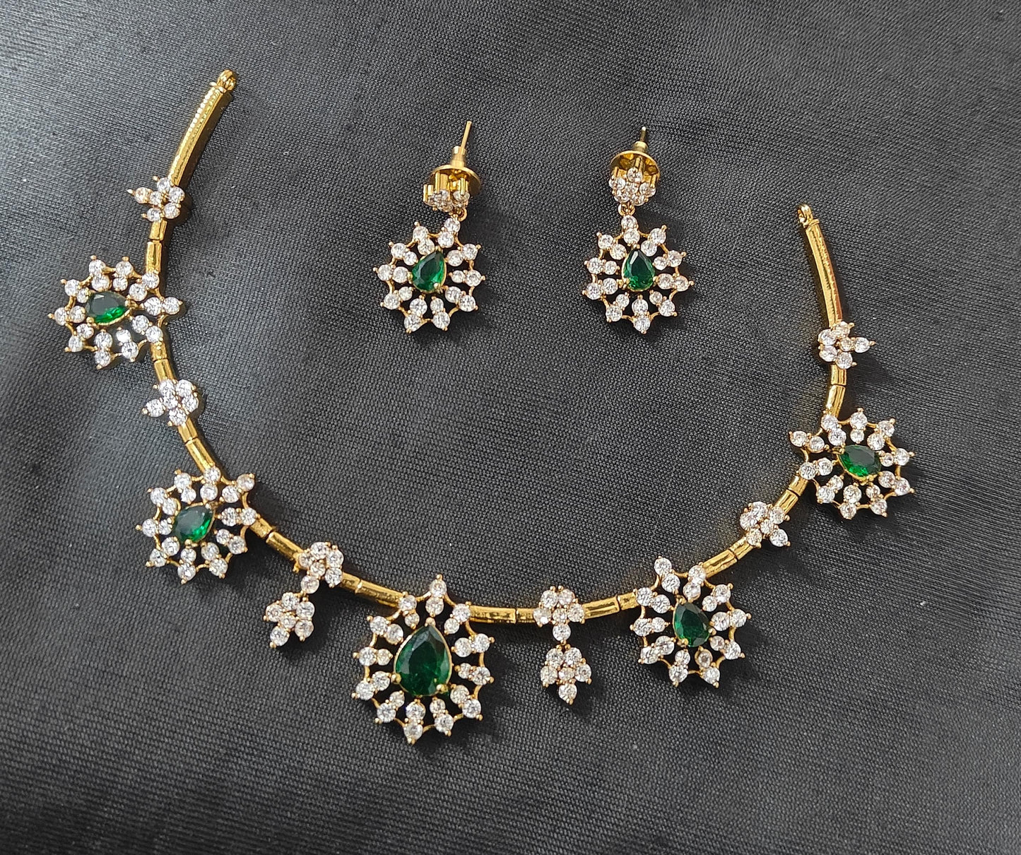 Beautiful American Diamond Necklace Set with Earrings-Green-Premium Finish