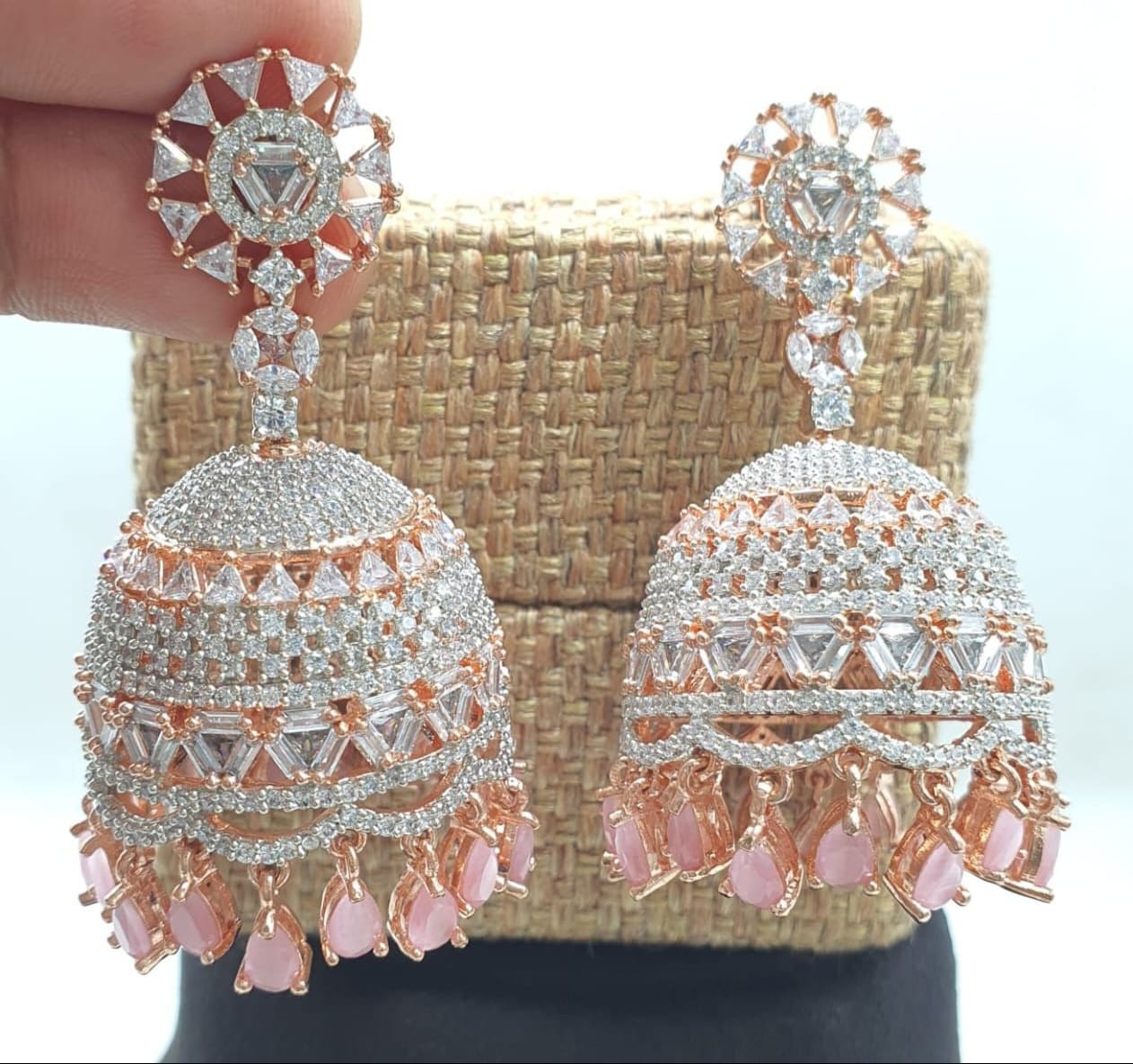 Dazzling Rose Gold American Diamond Jhumka Earrings With Pink Drops