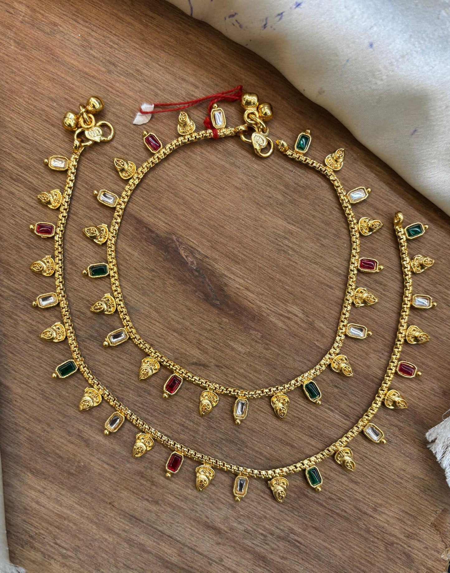 Designer Antique Kemp Stone Anklets - 1 pair-10 inches Payal