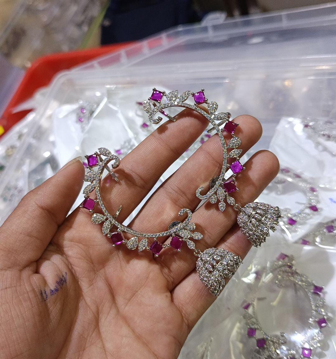 Designer Party Wear Premium Ear Cuff With Pink Jhumka Drops - Silver Finish