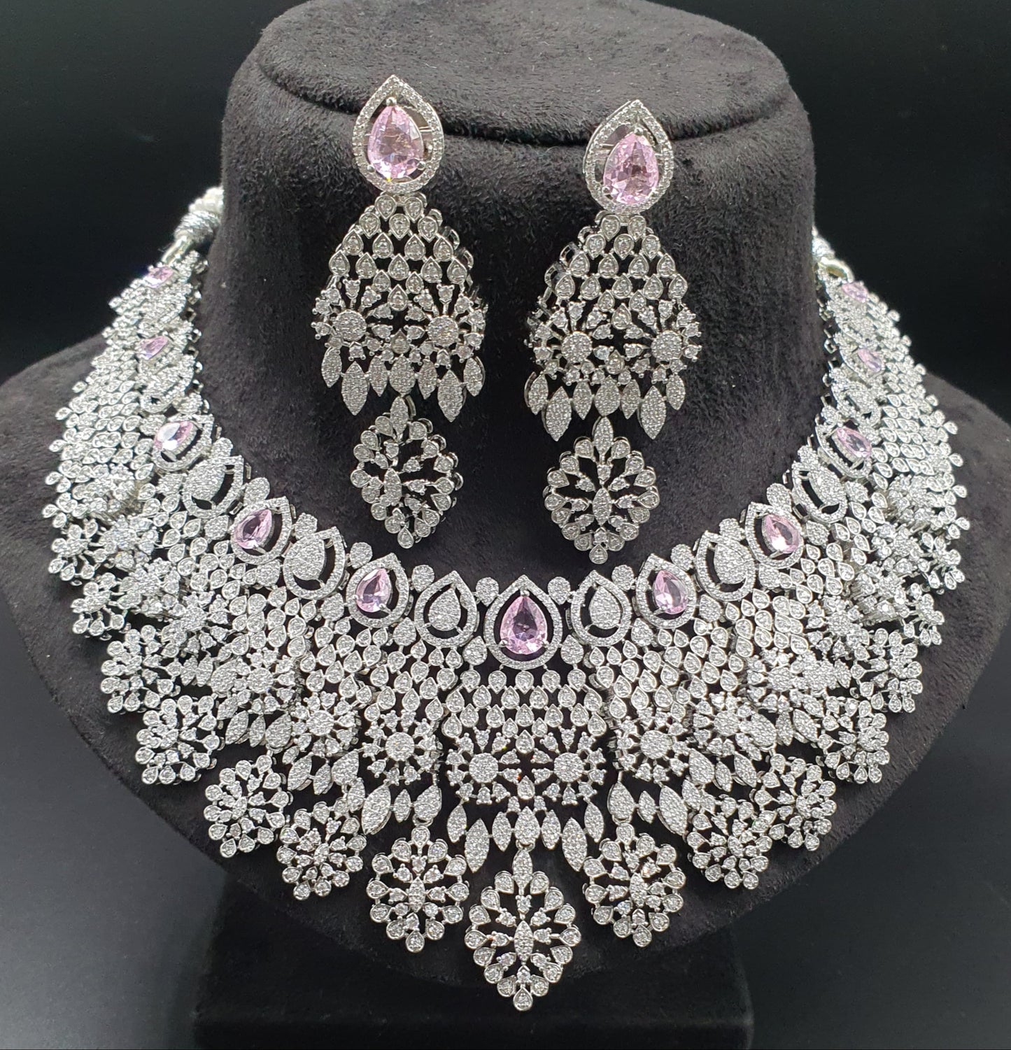 Designer Premium Bridal AD Stone Necklace Set With Earrings -Silver Polish