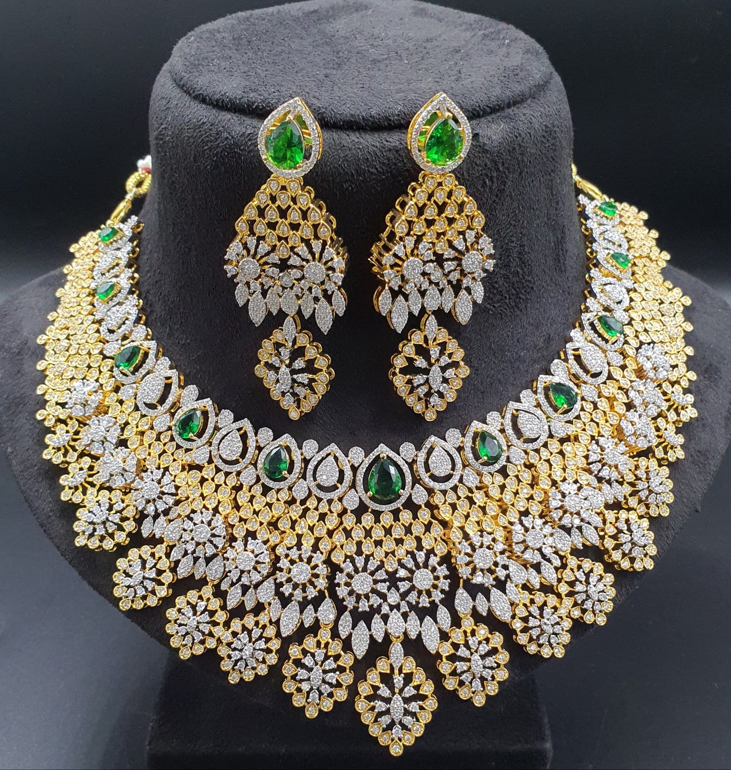 Designer Premium Bridal AD Stone Necklace Set With Earrings -Gold Finish