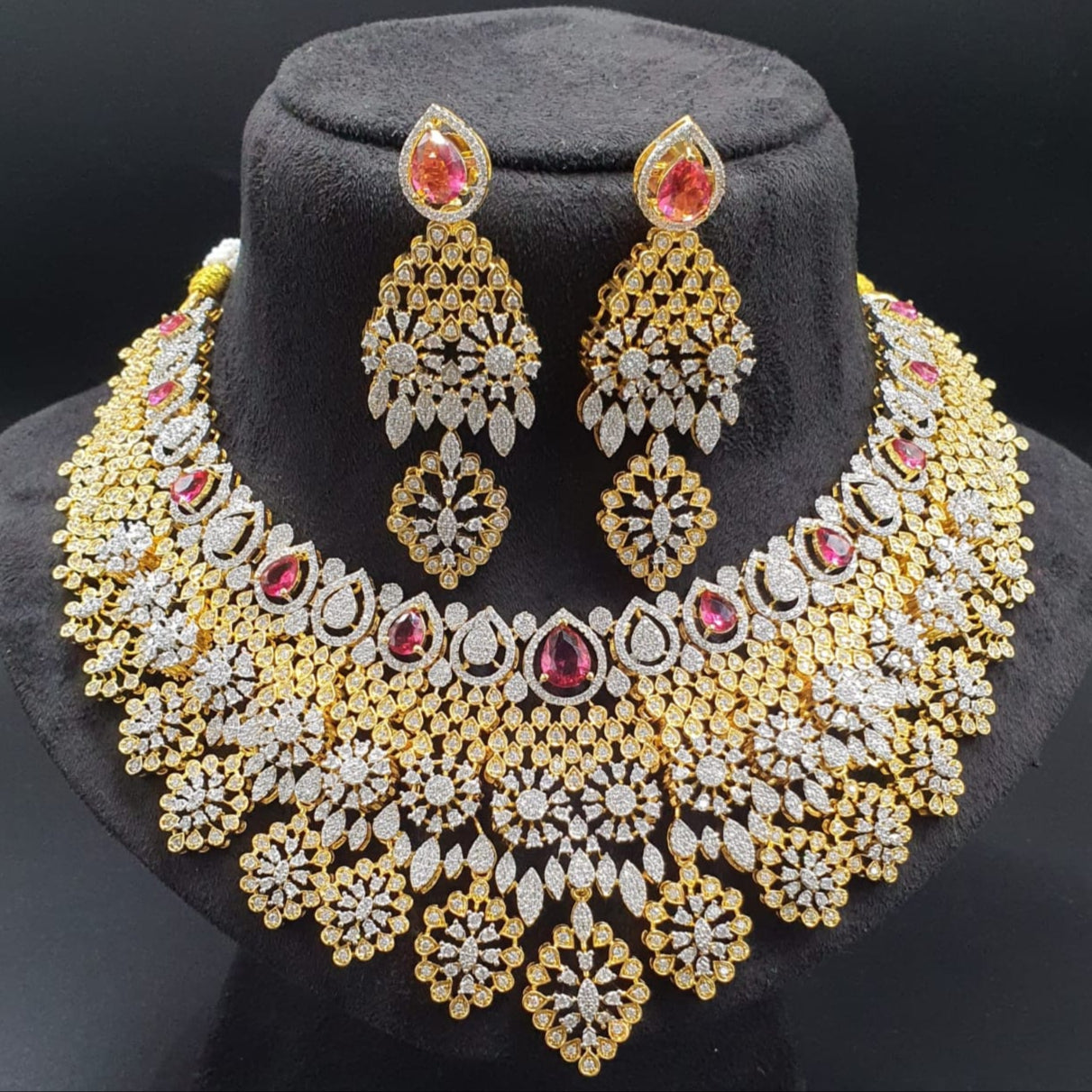 Designer Premium Bridal AD Stone Necklace Set With Earrings -Gold Finish