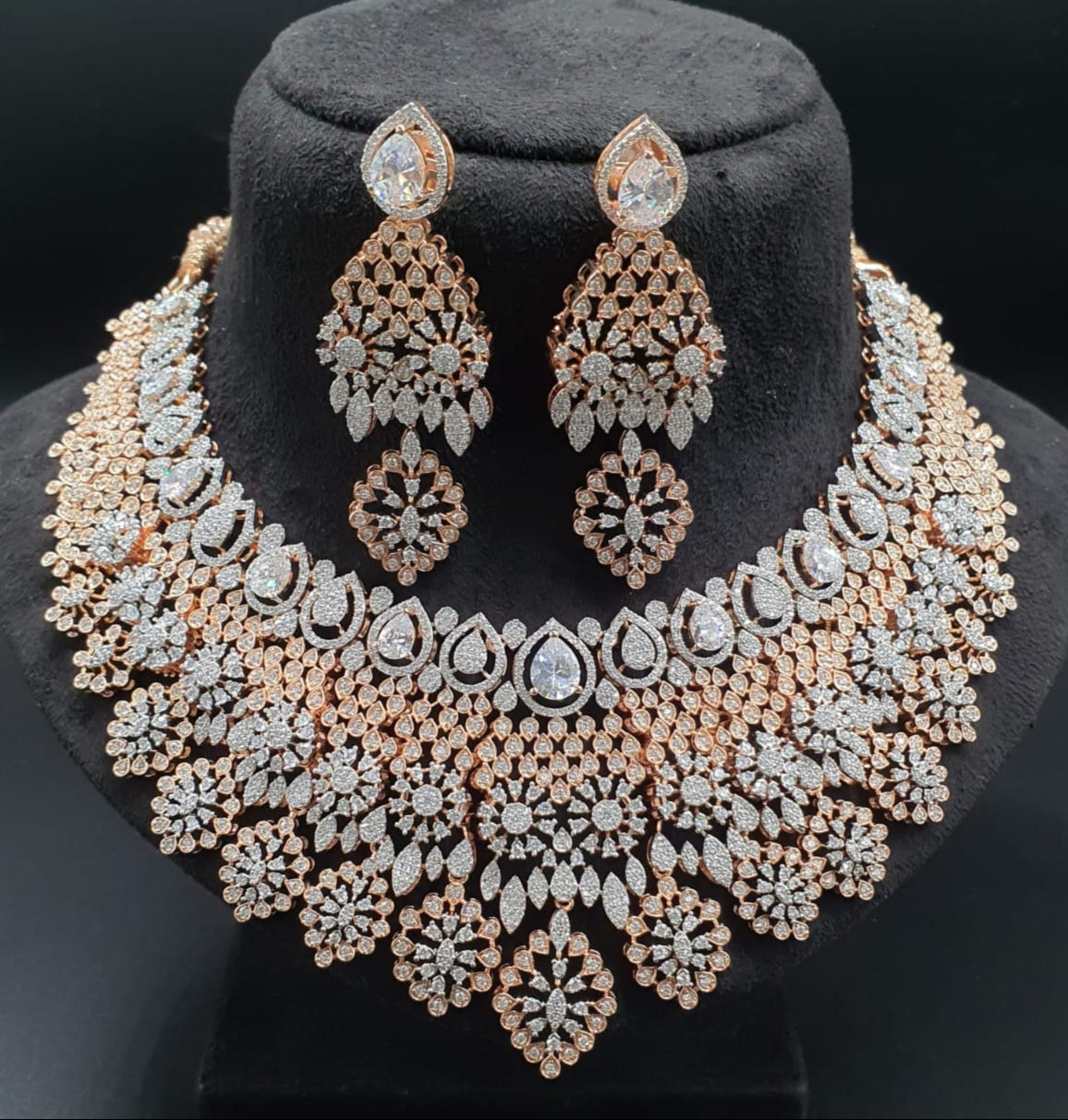 Designer Premium Bridal AD Stone Necklace Set With Earrings -Rose Gold