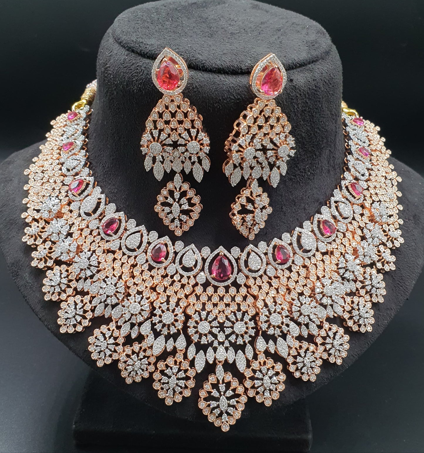 Designer Premium Bridal AD Stone Necklace Set With Earrings -Rose Gold