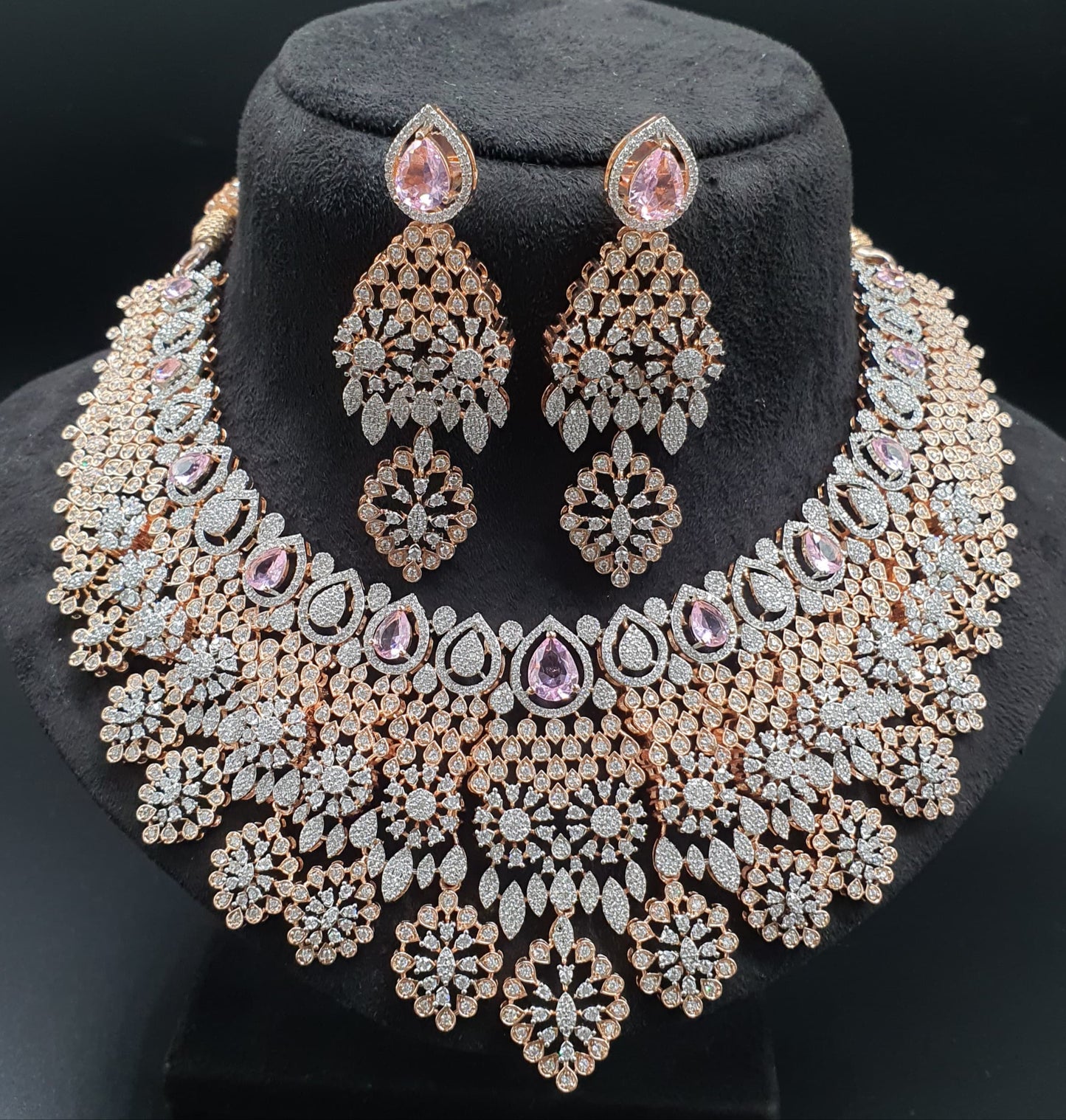 Designer Premium Bridal AD Stone Necklace Set With Earrings -Rose Gold
