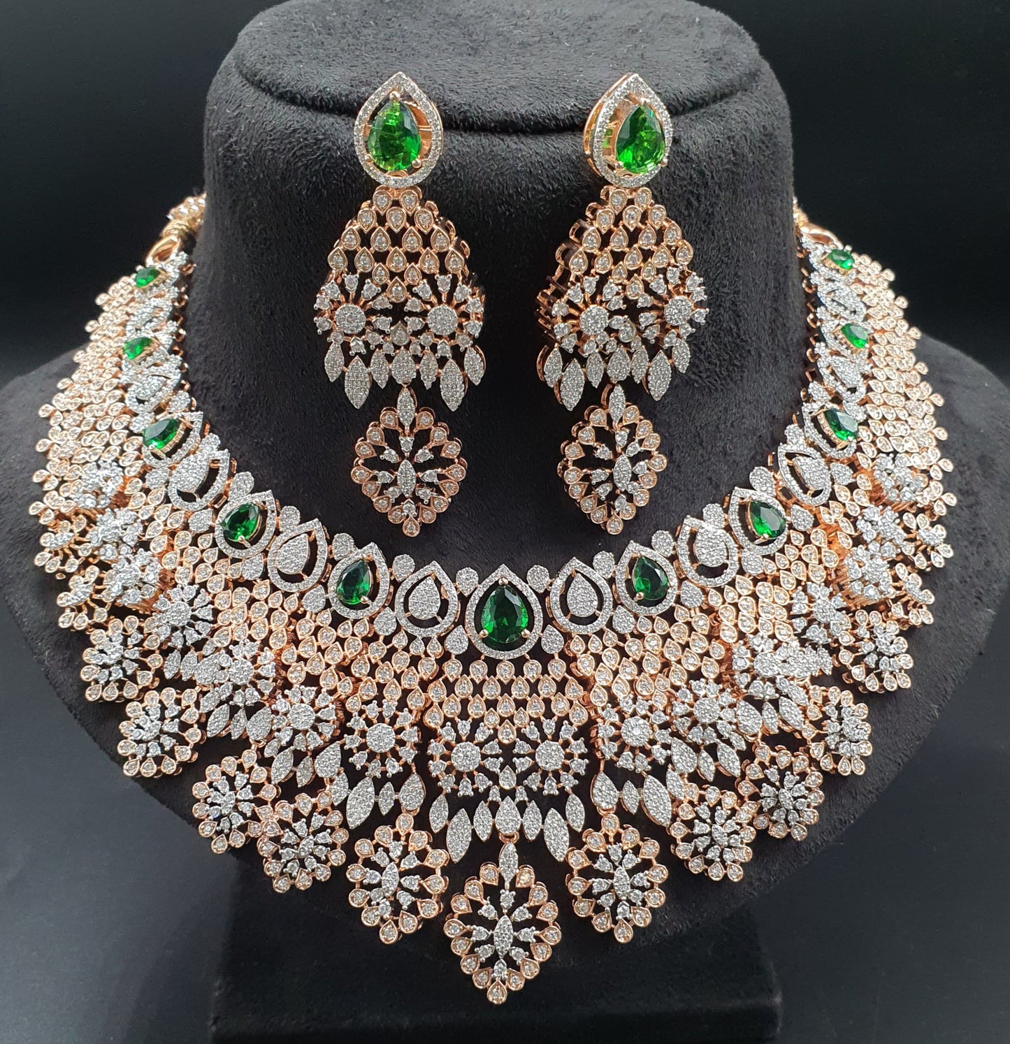 Designer Premium Bridal AD Stone Necklace Set With Earrings -Rose Gold