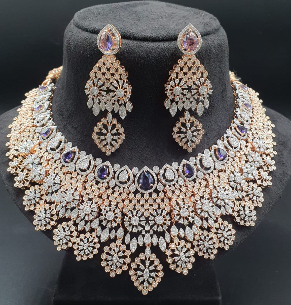 Designer Premium Bridal AD Stone Necklace Set With Earrings -Rose Gold